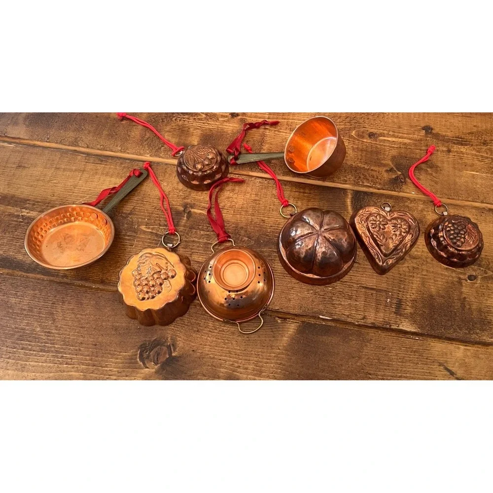 Set 8 Vintage Copper Kitchen Christmas Ornaments Colander Heart Pan Skillet Pots